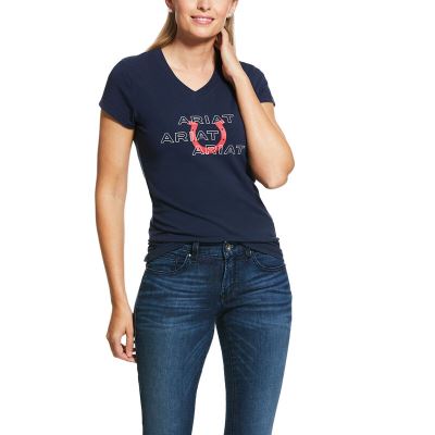 Ariat Puff Print Logo - T Shirts Donkerblauw Dames - 17501-172